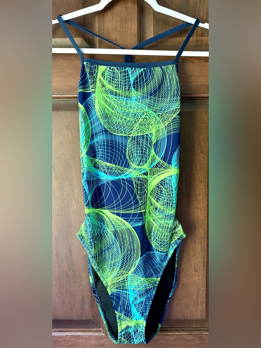 Speedo Navy Blue Swimsuit with Neon Green and Teal Swirl Print